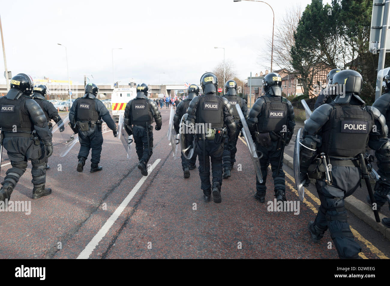 Belfast, Irlanda del Nord, Regno Unito. 2° febbraio 2013. L'Unione dimostrazioni di bandiera continuare pacificamente. Foto Stock