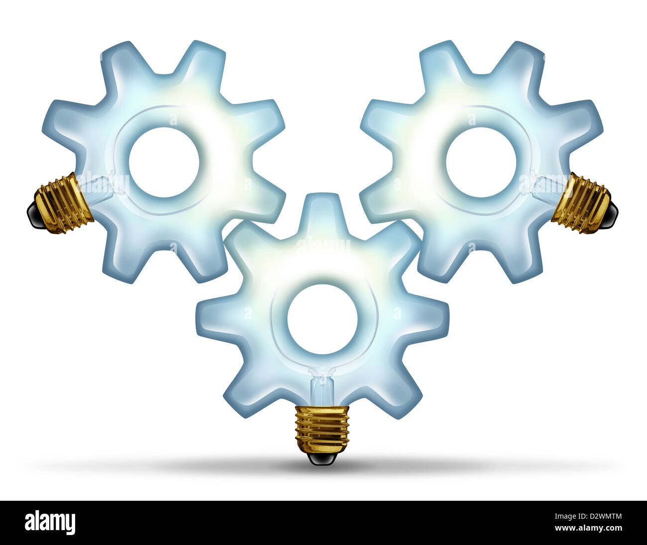 Business group di idee con tre illuminati lampadine di vetro a forma di un ingranaggio o ruota dentata collegata insieme come una partnership team di lavoro innovativo per successo creativo su uno sfondo bianco. Foto Stock