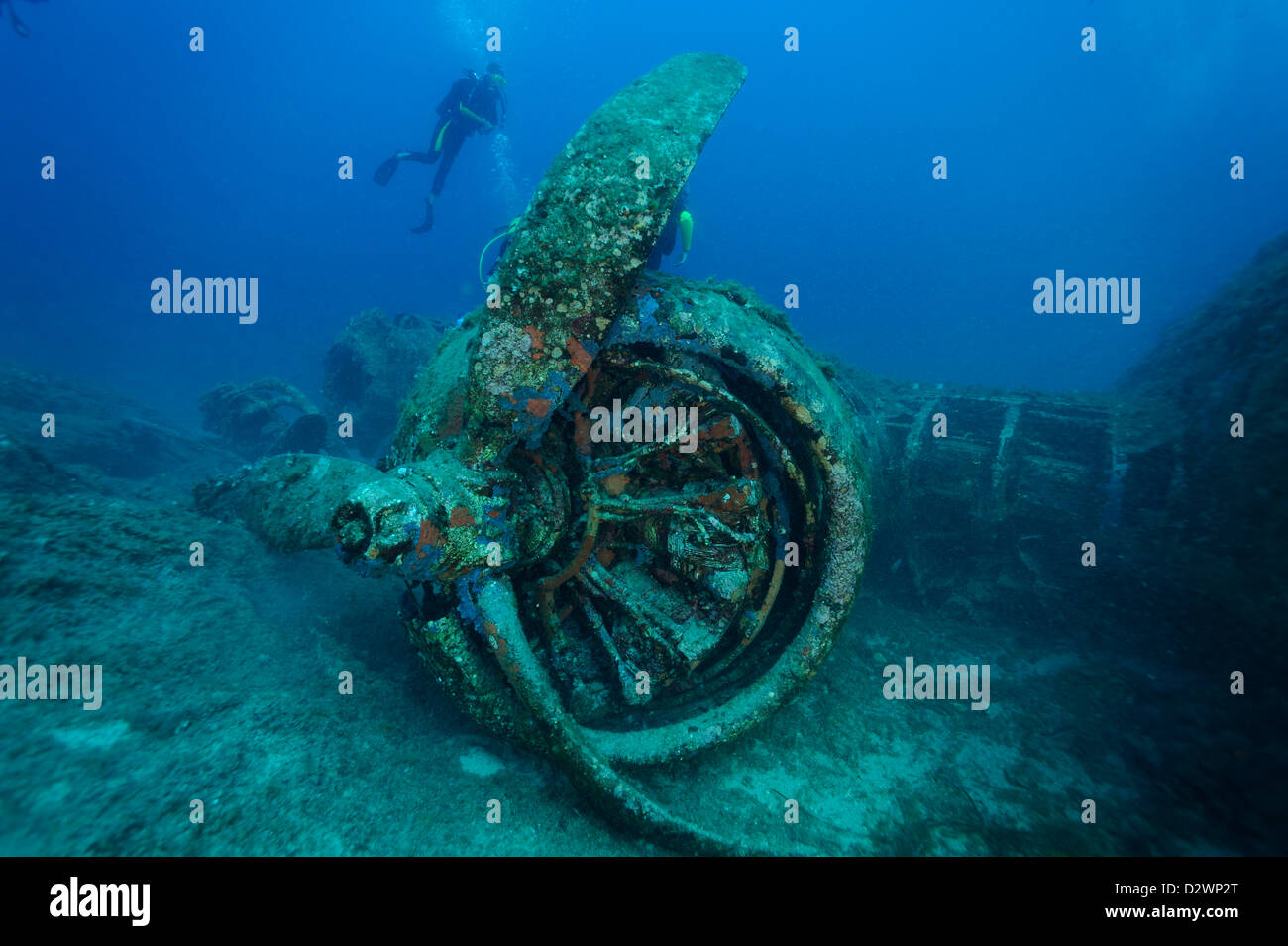 Vista subacquea di nuoto subacqueo intorno al relitto aereo B 17, Calvi, Corsica, Mare mediterraneo, Francia Foto Stock