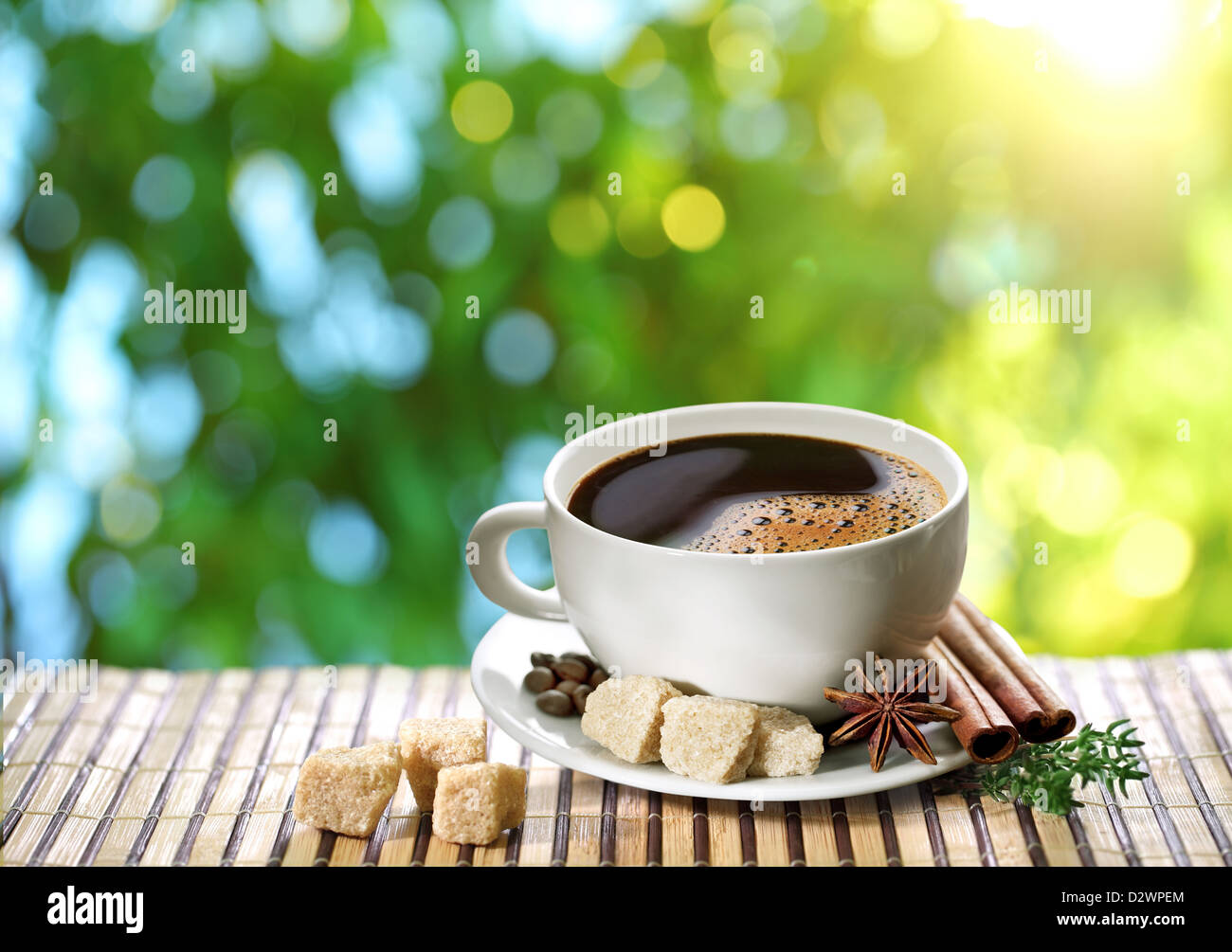 Tazza di caffè su uno sfondo sfocato della natura. Foto Stock