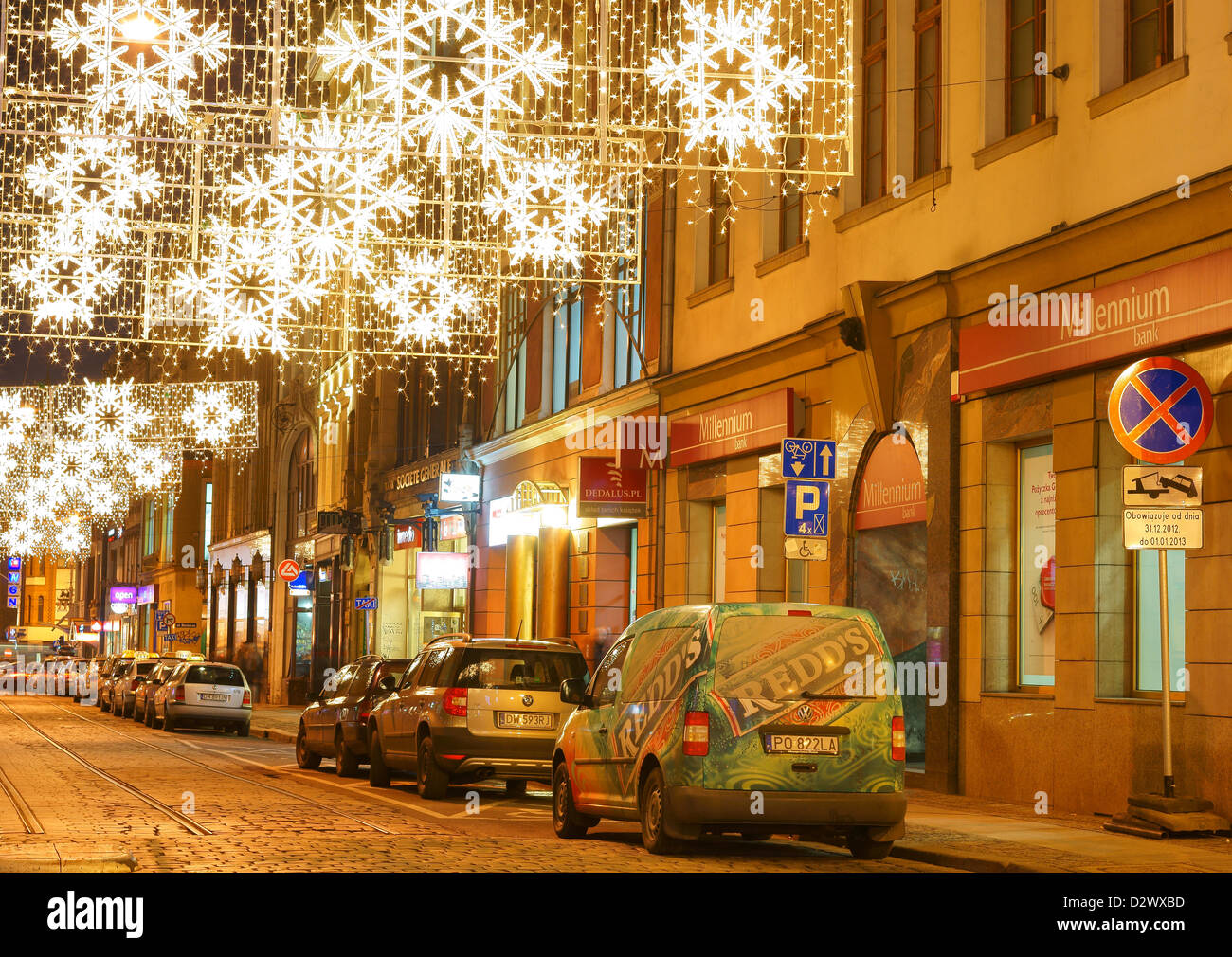 Wroclaw il Vecchio Mercato di Natale decorazioni di notte Foto Stock