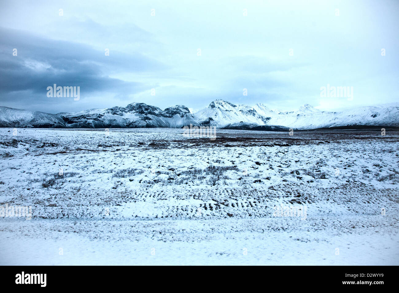 Paesaggio di blue tingono montagne innevate al crepuscolo su un viaggio di ritorno da Thingvellir National Park in Islanda Foto Stock