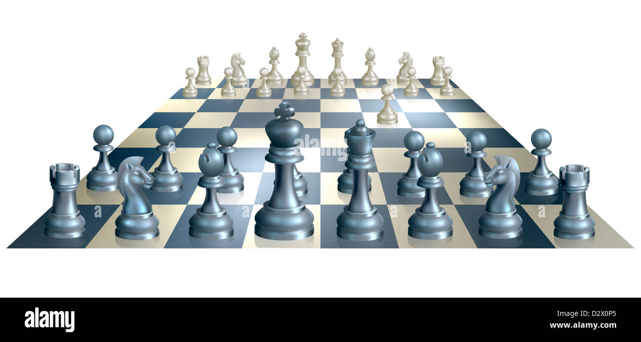 Un set completo di pezzi di scacchi e la scheda appena dopo la partenza di un gioco con il bianco dopo aver fatto l'apertura spostare Foto Stock Un set completo di pezzi di scacchi e la scheda appena dopo la partenza di un gioco con il bianco dopo aver fatto l'apertura spostare Foto Stock
