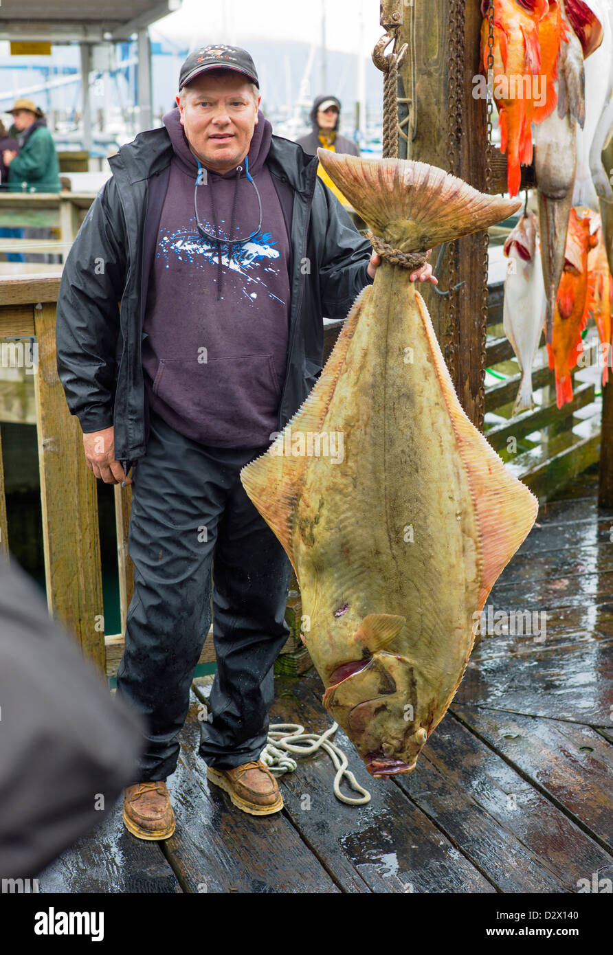 Charter imbarcazione pescatore di scattare fotografie di se stessi con il loro pescato del giorno, Seward, Alaska, STATI UNITI D'AMERICA Foto Stock