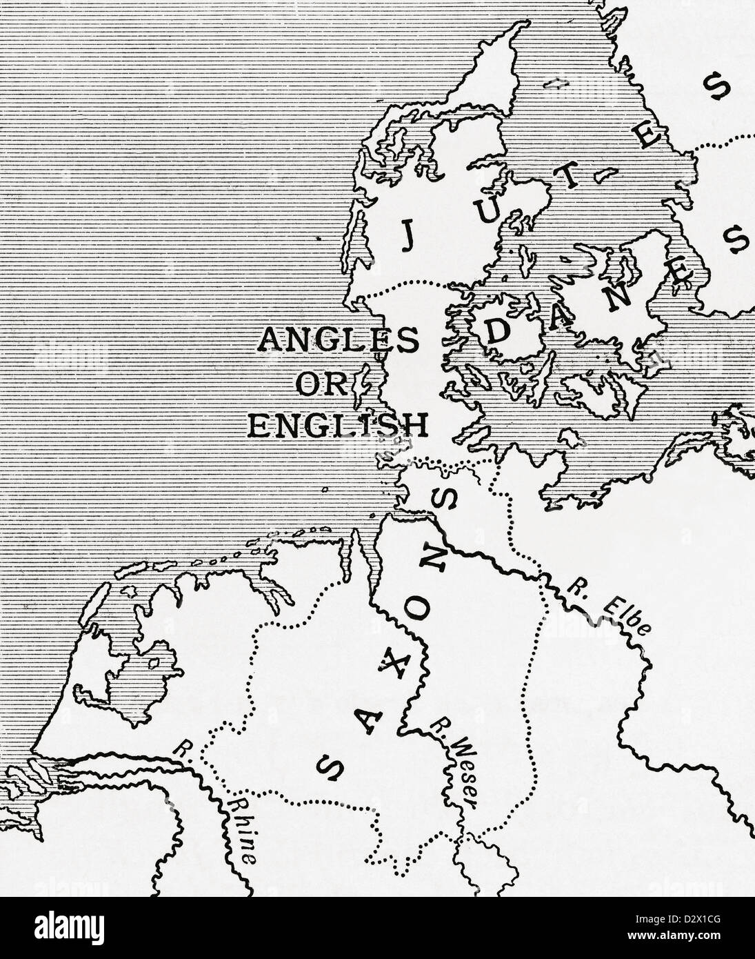 Mappa che mostra le vecchie case della lingua inglese nel V secolo. Da un primo libro di storia britannica pubblicato 1925. Foto Stock