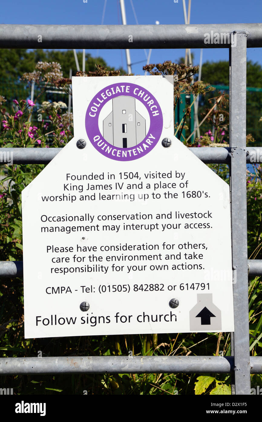 Dettagli e le indicazioni per la Chiesa della Collegiata di Clyde Muirshiel Parco Regionale, Lochwinnoch, Renfrewshire, Scotland, Regno Unito Foto Stock