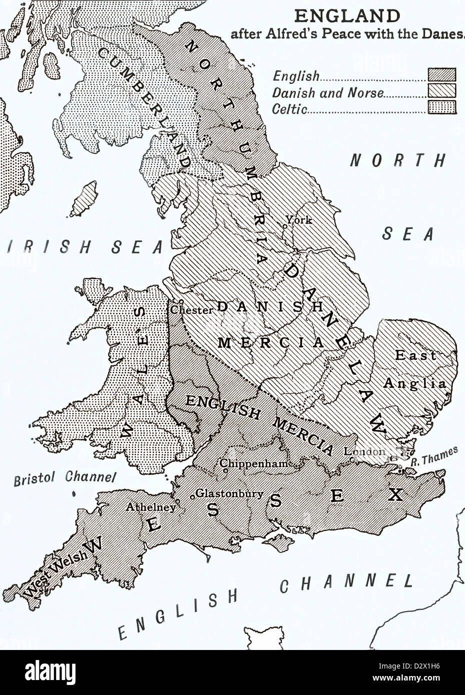 Una mappa di Inghilterra dopo King Alfred per la pace con i danesi nel IX secolo Foto Stock