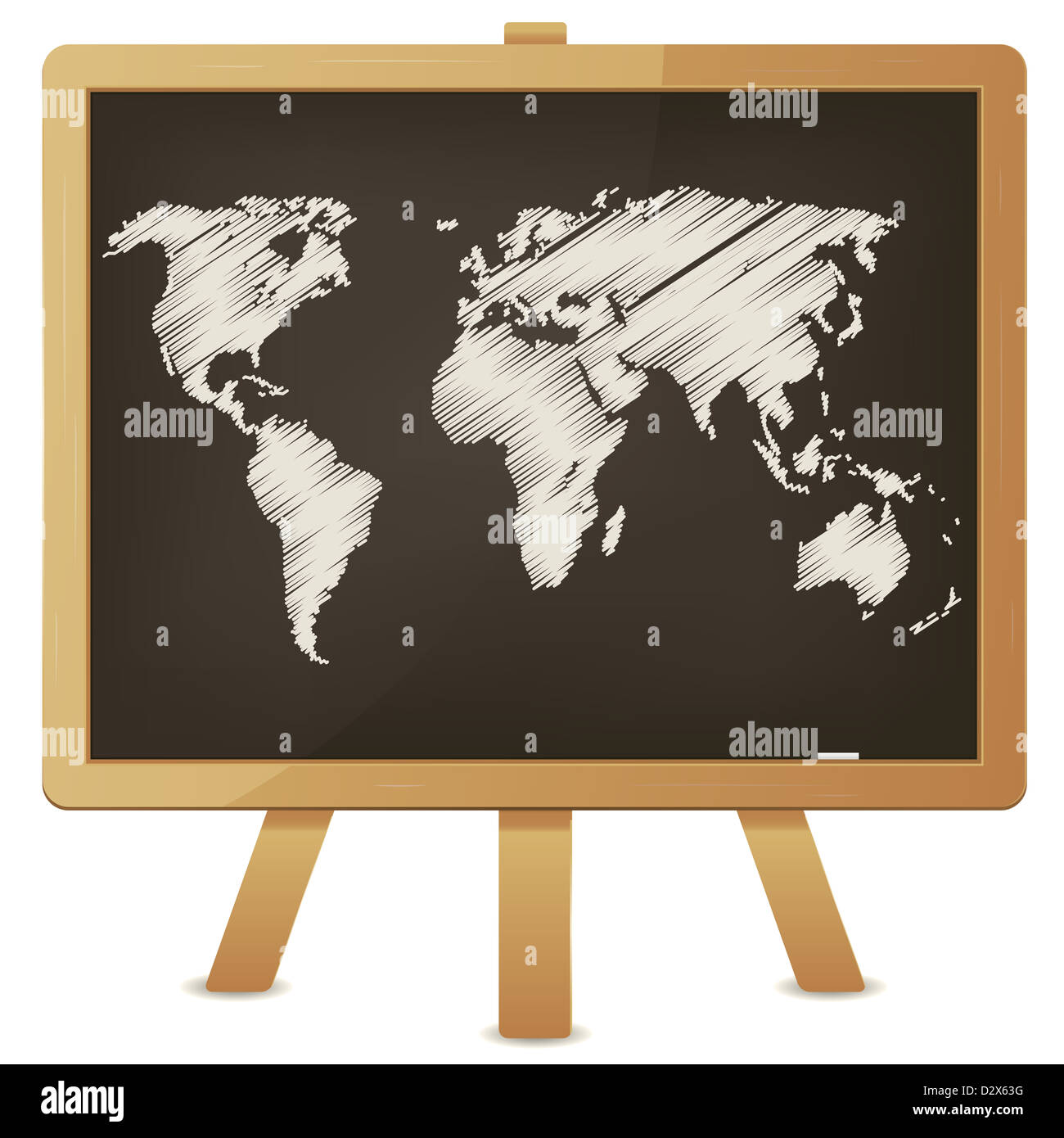Illustrazione di un delineato mappa mondiale con gesso su una lavagna in legno Foto Stock