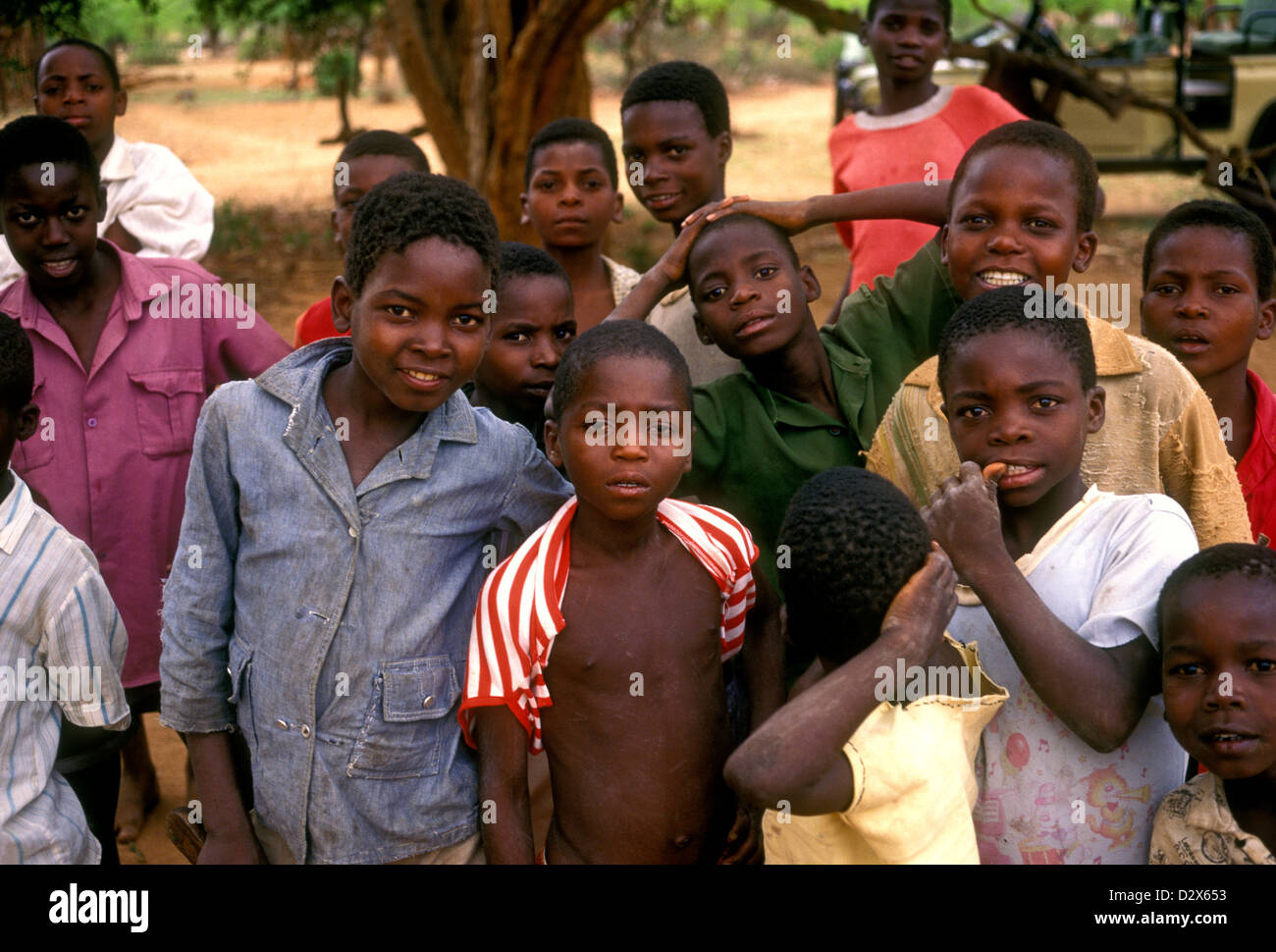 I ragazzi dello Zimbabwe, ragazzi, bambini maschi, bambini, contatto visivo, vista frontale, villaggio, ritratto, Mahenye, Manicaland Province, Zimbabwe, Africa Foto Stock