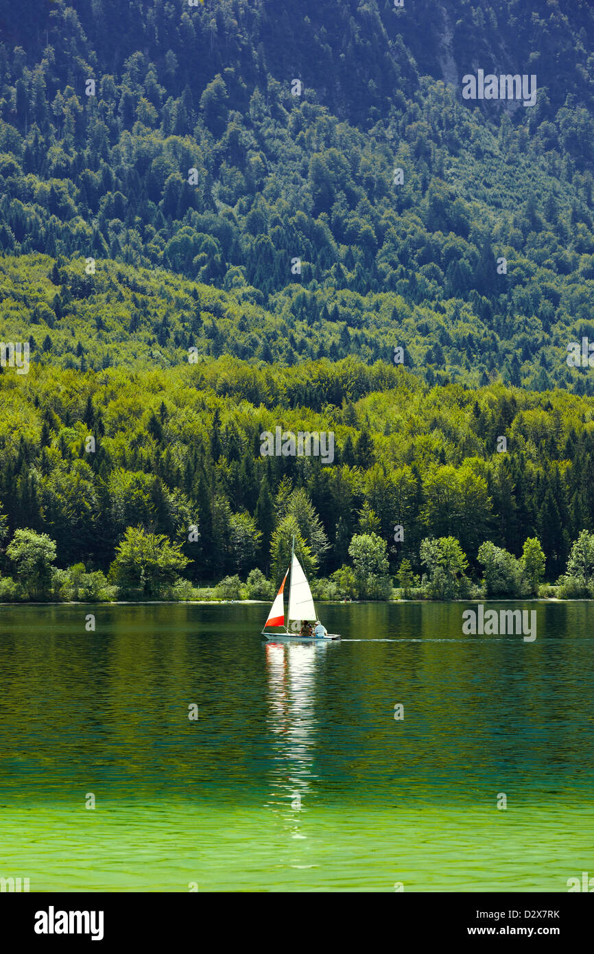 Barca a vela nel lago di Bohinj, a Bohinj, il Parco Nazionale del Triglav, Gorica regione, Slovenia, Balcani membri Foto Stock