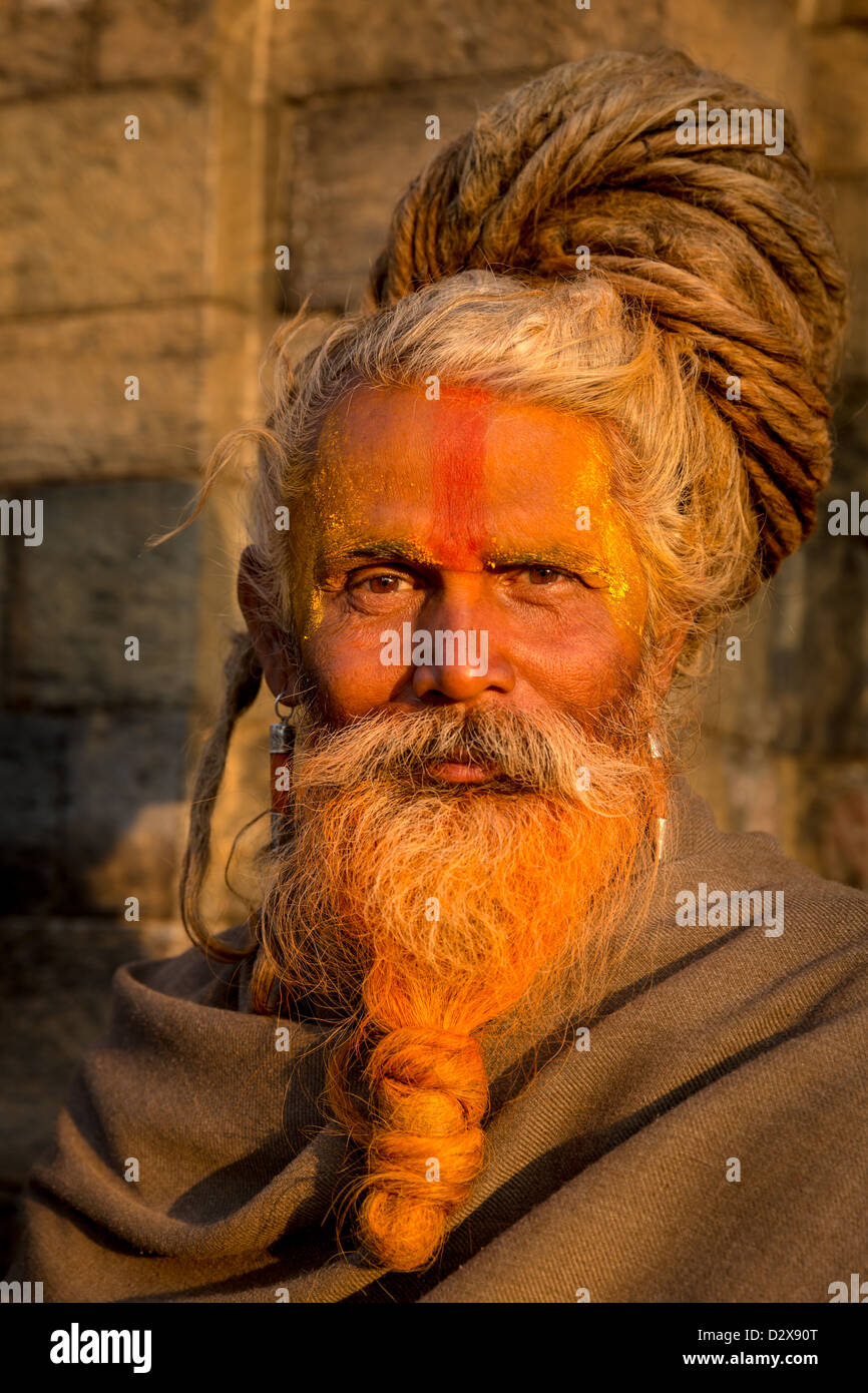 Ritratto di un Sadhu, santo uomo, tempio di Pashupatinath, Kathmandu, Nepal Foto Stock
