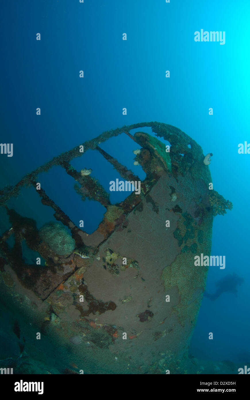 A6M2 Modello 21 Zero relitto con un Subacqueo, Walindi, Bismarck Mare, Nuova Bretagna Provenza, Papua Nuova Guinea Foto Stock