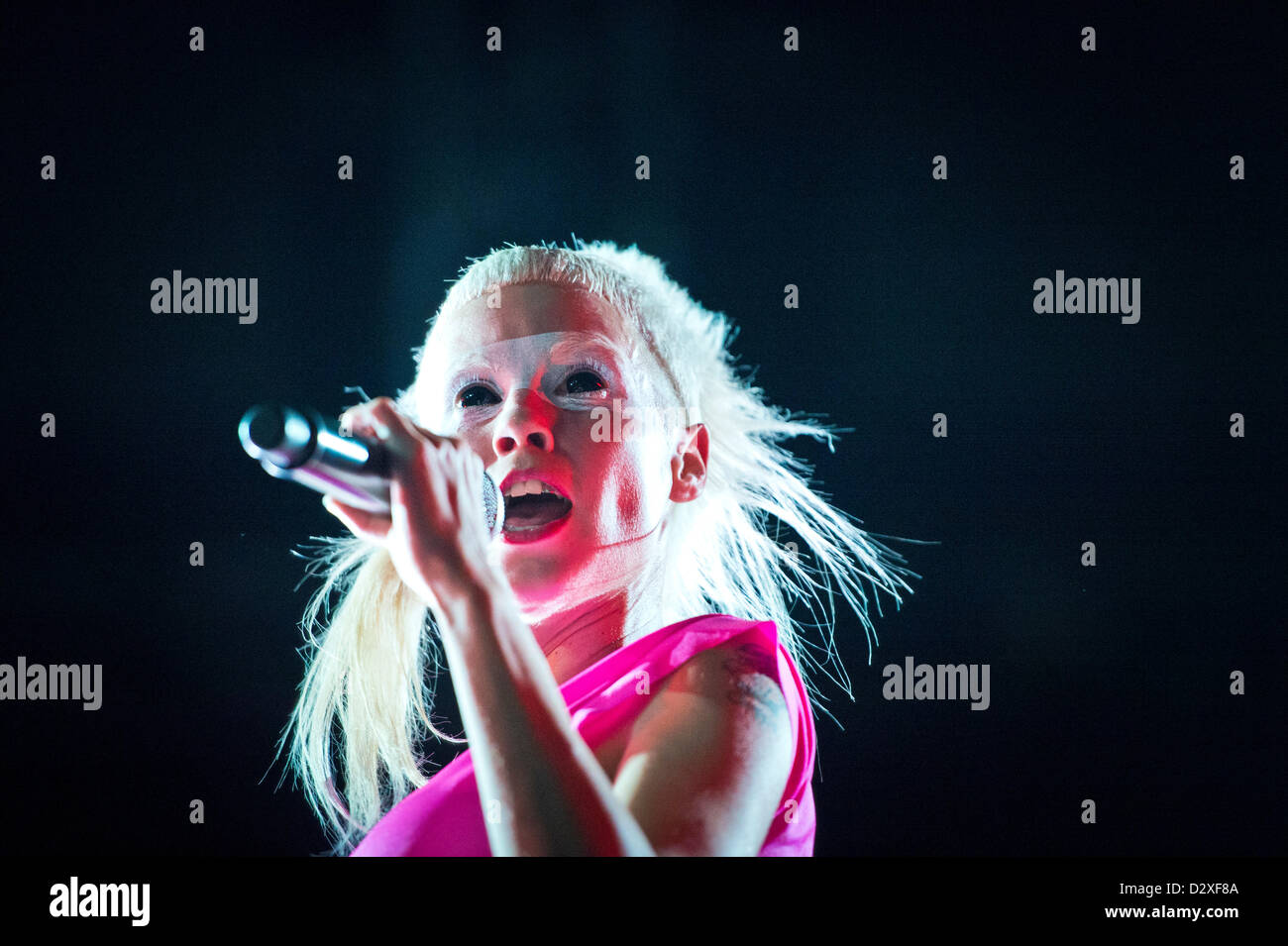 SOWETO, SUD AFRICA: Die Antwoord eseguire live il 2 febbraio 2013 presso la FNB Stadium di Soweto, Sud Africa. Essi sono stati apertura per Red Hot Chili Peppers. Red Hot Chili Peppers si esibirà a Cape Town il 5 febbraio 2013. (Foto di Gallo Immagini / Corniolo van Heerden) Foto Stock