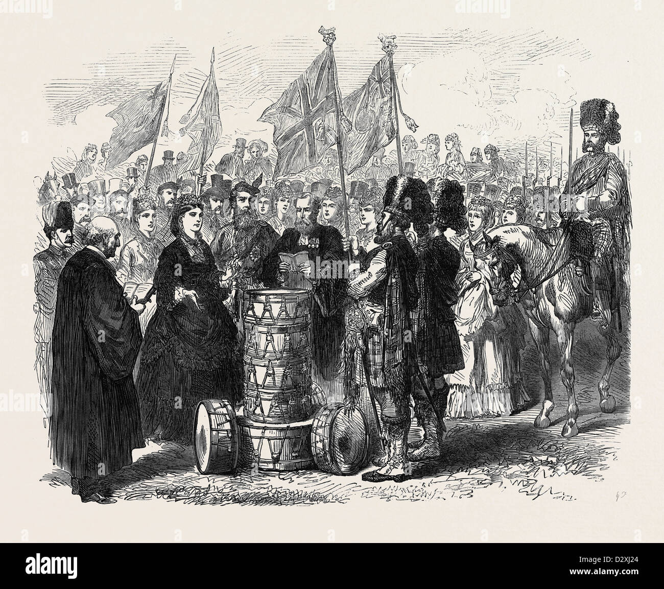 Presentazione dei colori per la 93RD SUTHERLAND montanari nel Queen's Park EDINBURGH 1871 Foto Stock