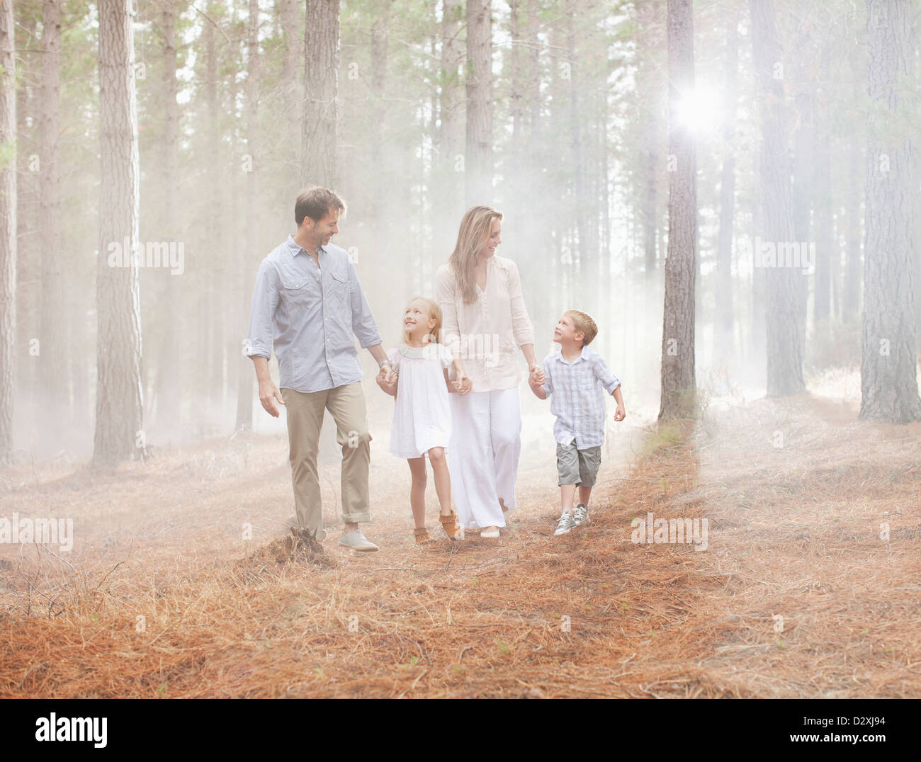 La famiglia felice a piedi nei boschi di sole Foto Stock