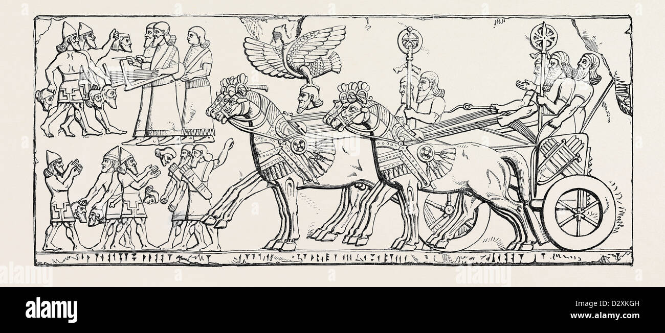 Trionfale Ritorno del Re al suo accampamento NIMROUD sculture, appena ricevuto presso il British Museum Foto Stock