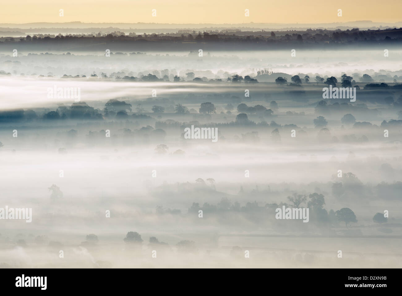 Nebbia copriva i campi vicino a Glastonbury sui livelli di Somerset, Regno Unito. Foto Stock