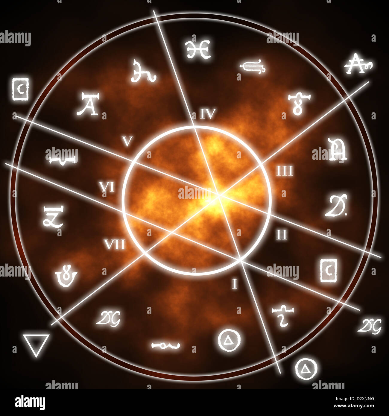 Simboli di alchemy intorno a un cerchio con numeri e linee Foto Stock