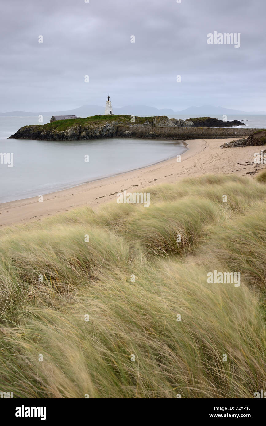 Ricoperto di erba dune di sabbia che conduce alla segnalazione sull isola di Llanddwyn, Anglesey, Galles. Foto Stock