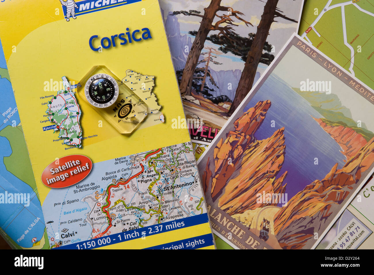 Corsica: mappa bussola e cartoline Foto Stock