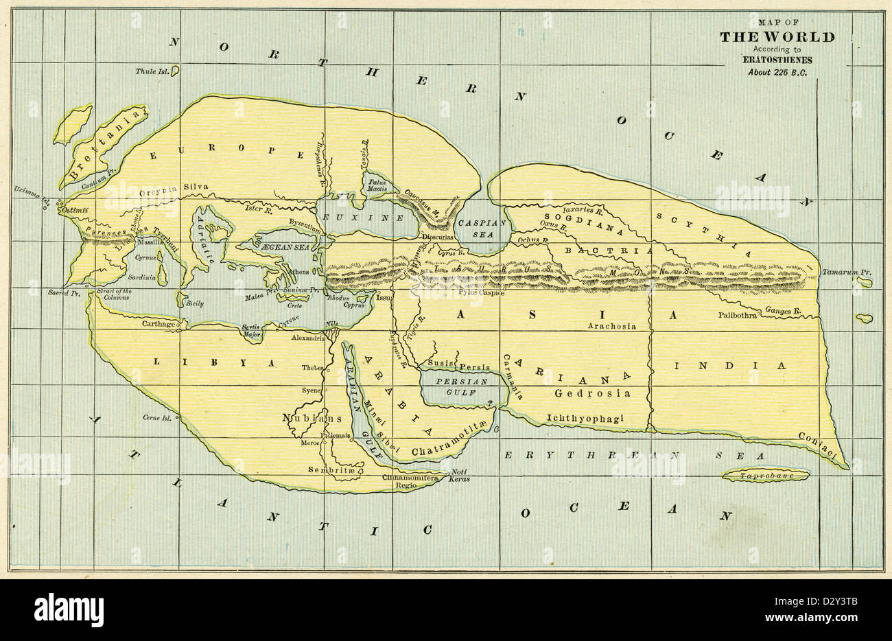1889 Mappa del mondo secondo Eratostene circa 225 BC. Foto Stock