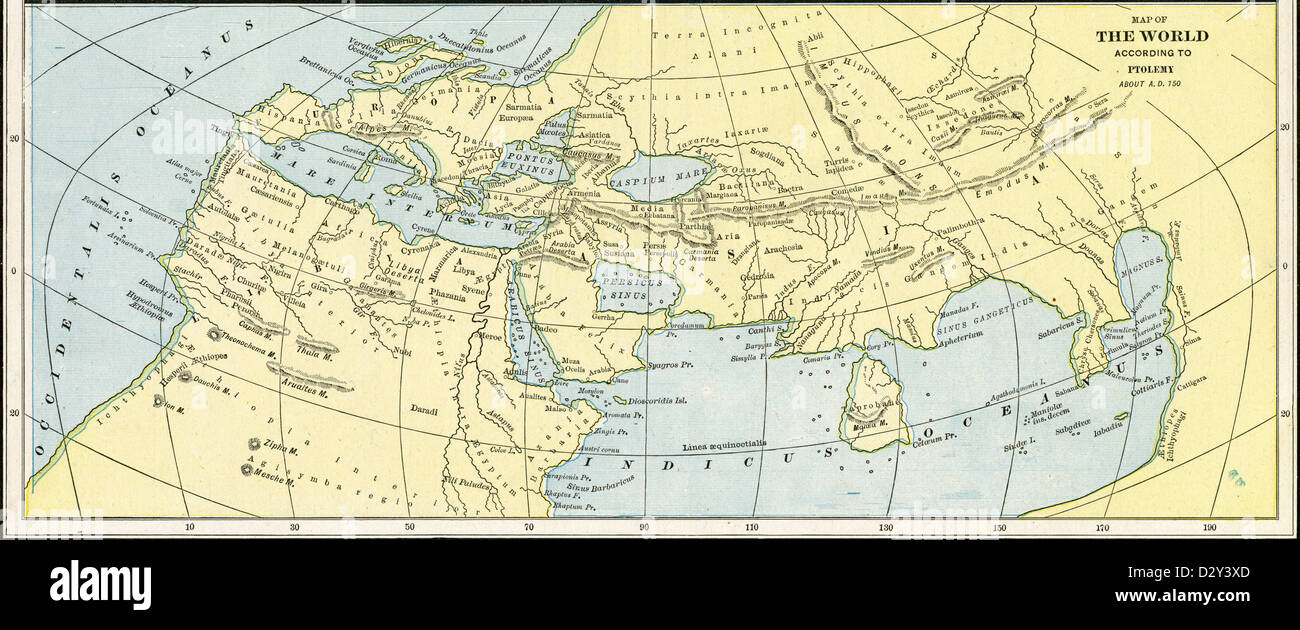 1889, Stampa mappa del mondo Secondo Tolomeo circa A.D. 150. Foto Stock