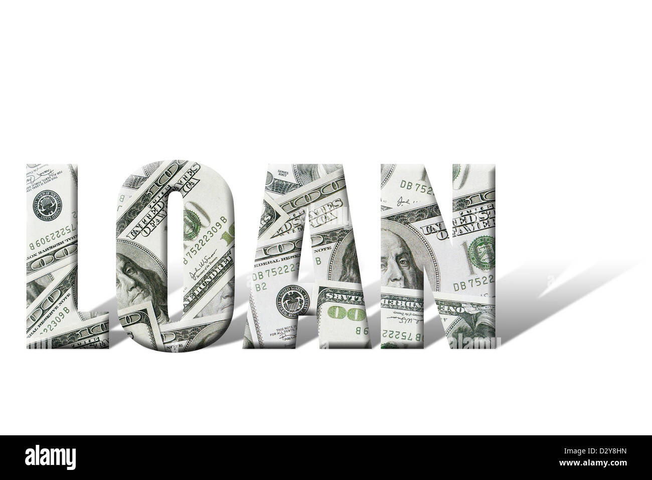 Parola di prestito con sovrapposto un centinaio di dollari su sfondo bianco Foto Stock