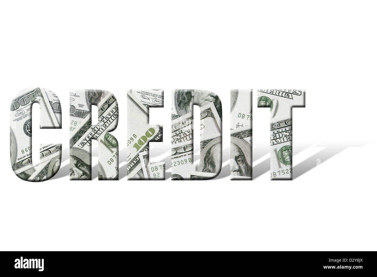 Parola di credito con sovrapposto un centinaio di dollari su sfondo bianco Foto Stock
