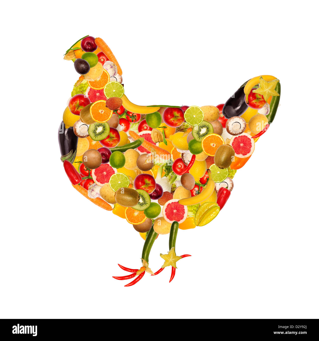 Collage di un pollo, composta di frutta e verdura Foto Stock