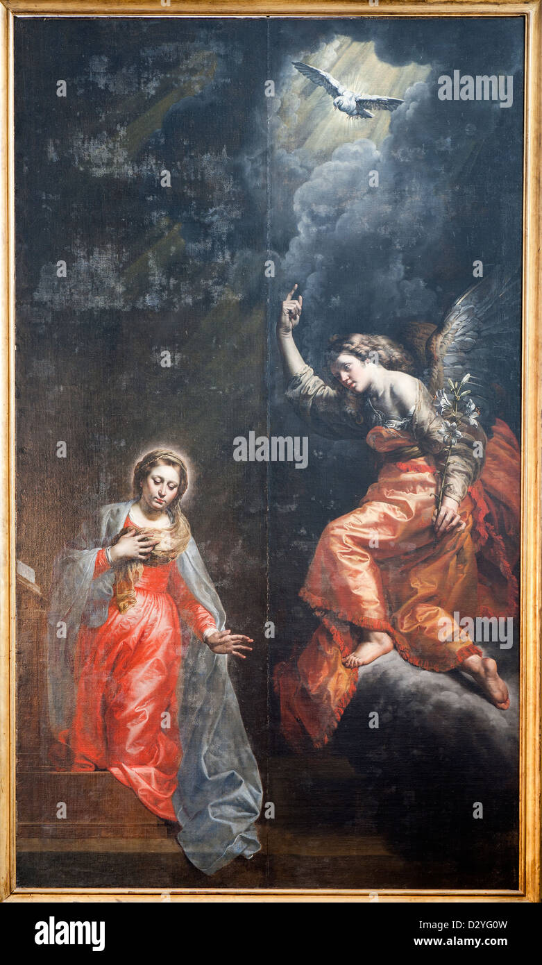 Bruxelles - 21 giugno: Annunciazione di ignota autor da 17. cento. nella chiesa di San Giovanni Battista Foto Stock