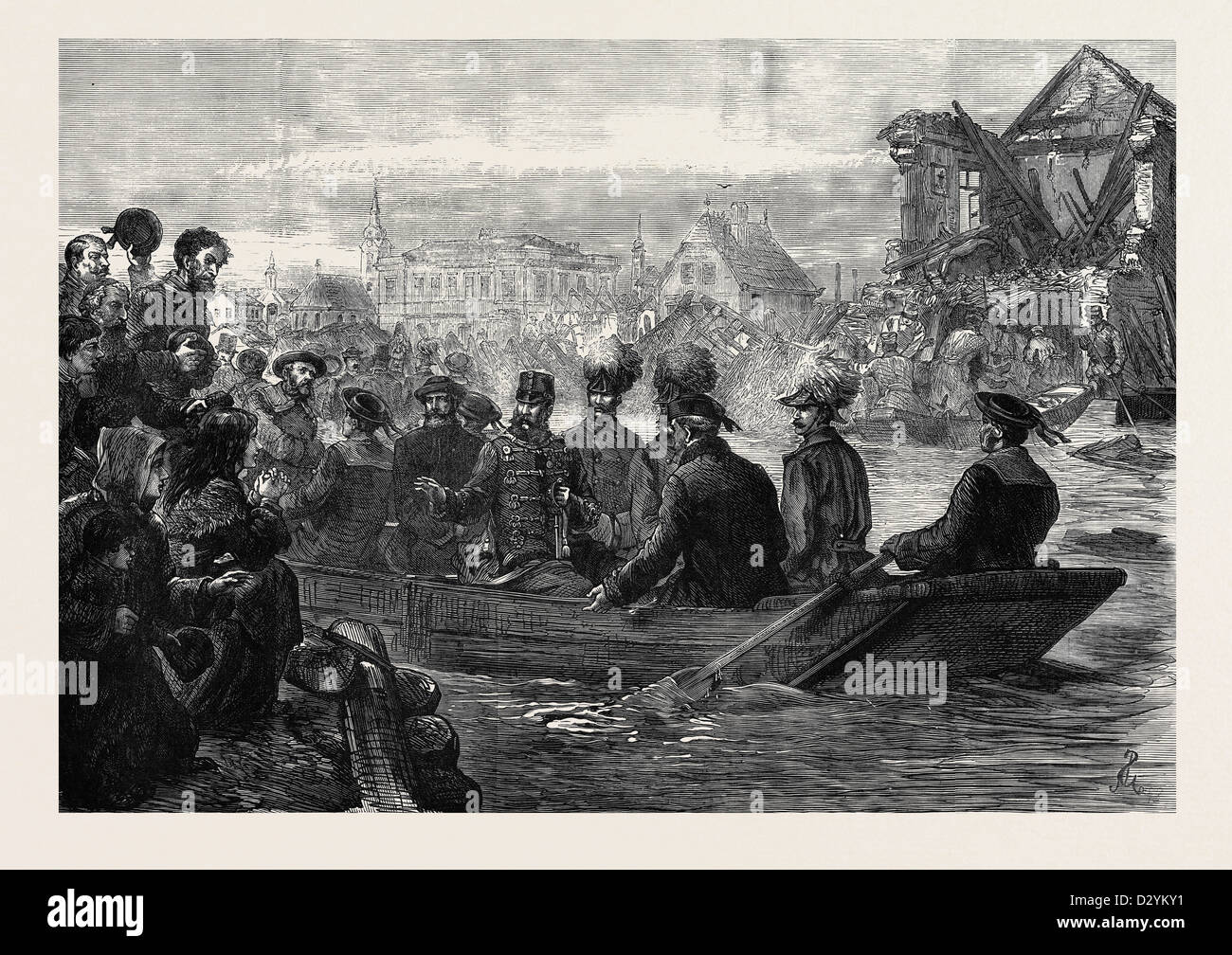 La grande alluvione IN UNGHERIA: l'imperatore d'Austria visitando SZEGEDIN DURANTE L'inondazione 1879 Foto Stock