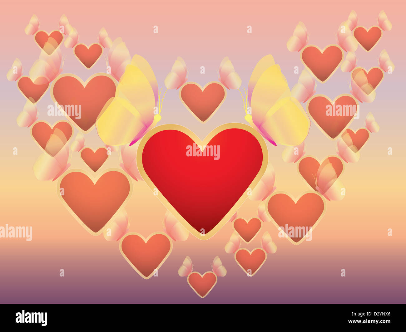 Farfalle con valentines oltre il cielo al tramonto Foto Stock
