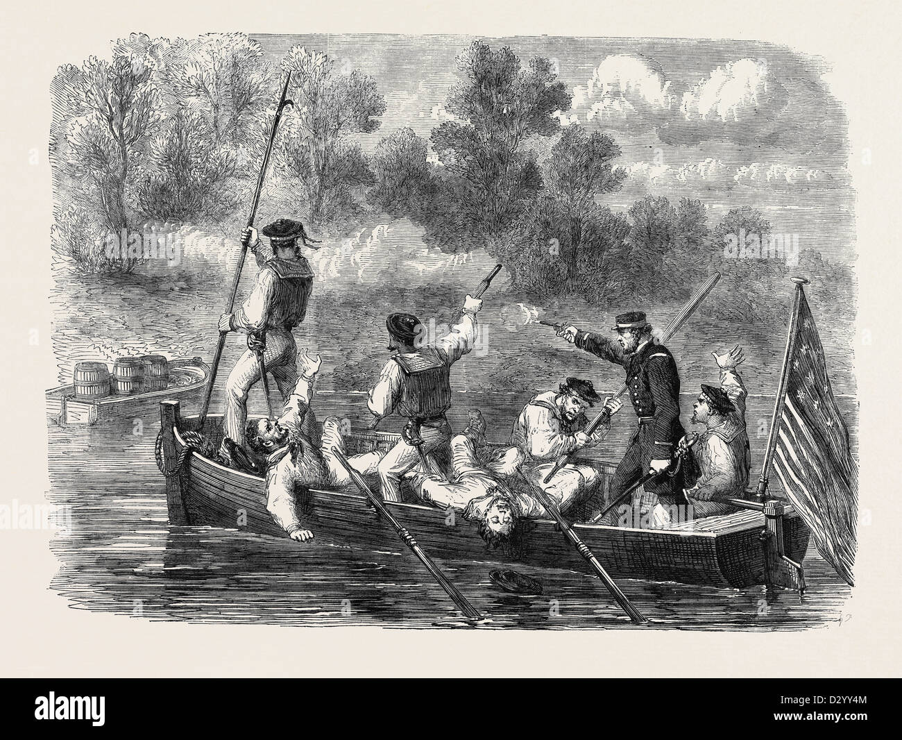 La GUERRA CIVILE IN AMERICA: confederati intrappolando una barca di equipaggio della flotta POTOMAC Foto Stock