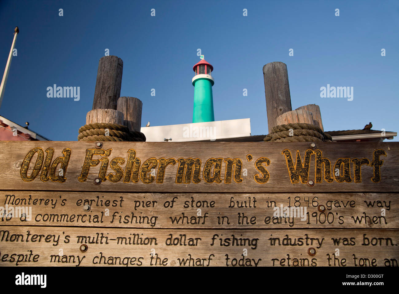 Segno vecchio Pontile del Pescatore a Monterey in California, Stati Uniti d'America, STATI UNITI D'AMERICA Foto Stock