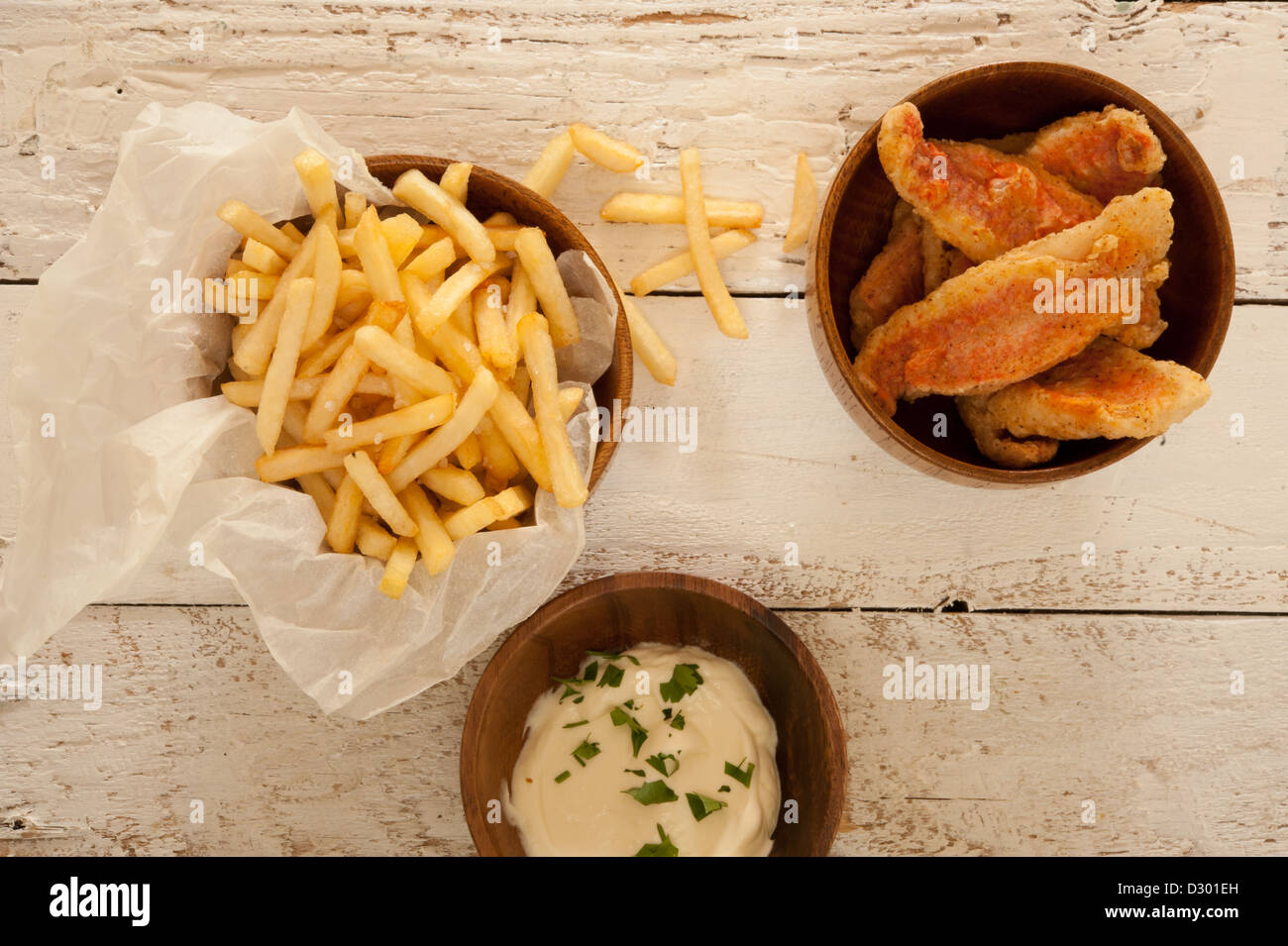 Pesce e patatine. Un elegante fotografia di cibo. Foto Stock