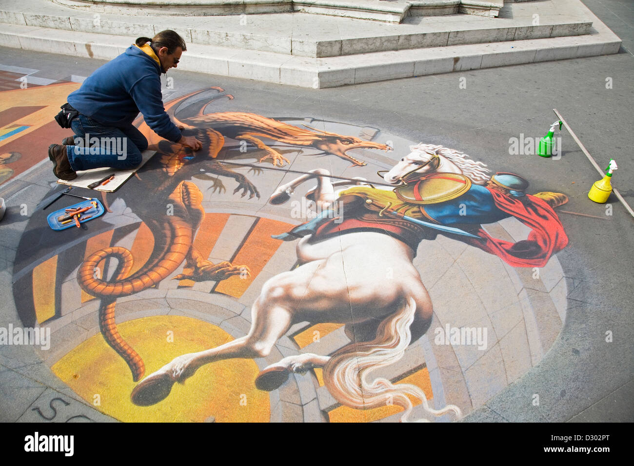 L'Europa, Italia, marche, Loreto, piazza della Madonna, santuario della Santa Casa, artista pittura san Giorgio e il drago Foto Stock