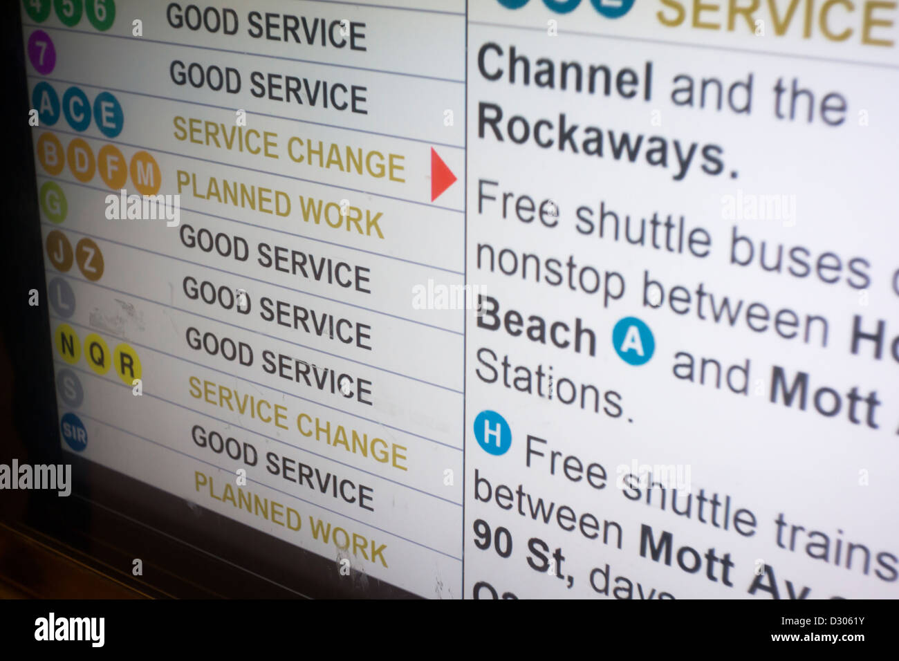 Un servizio di metropolitana schermata di avviso in Grand Central Terminal Foto Stock
