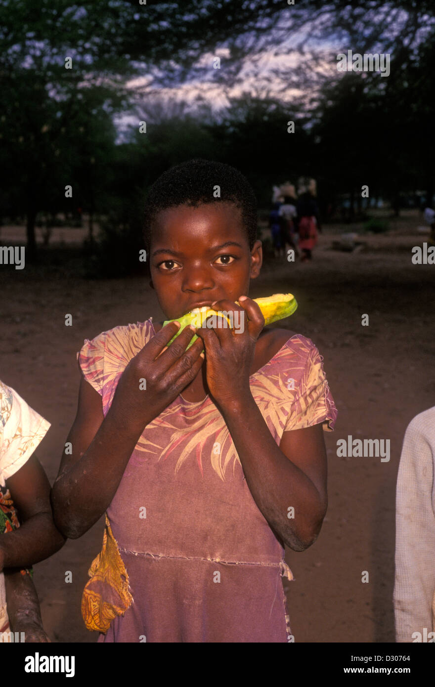 Ragazza dello Zimbabwe, ragazza, contatto visivo, vista frontale, ritratto, villaggio di Mahenye, Mahenye, Manicaland Province, Zimbabwe, Africa Foto Stock