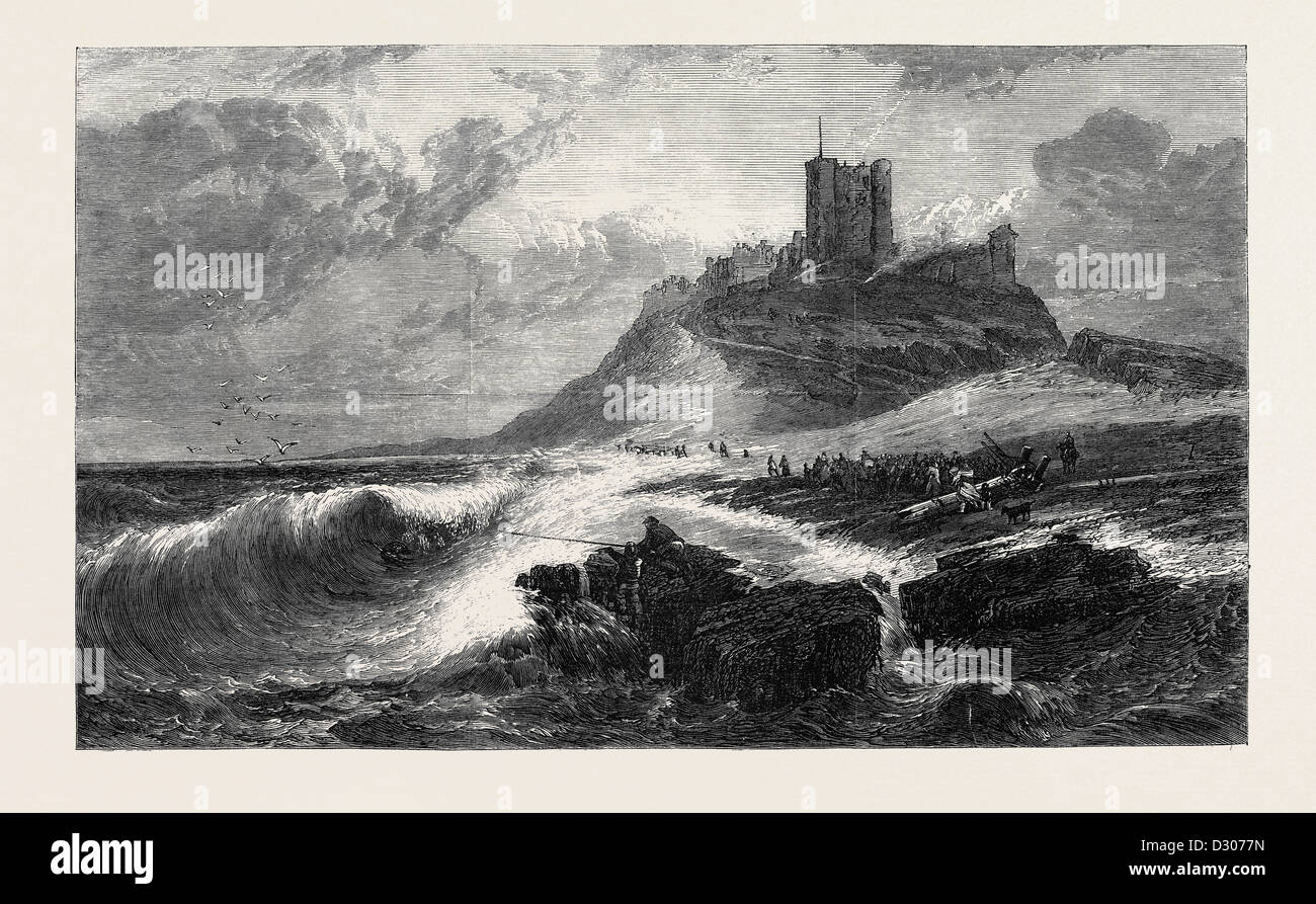 Il castello di BAMBOROUGH UN SEGNALE DI EMERGENZA IN imminente da E. R.H.A. HAYES Nella mostra della società di artisti inglesi 1866 Foto Stock