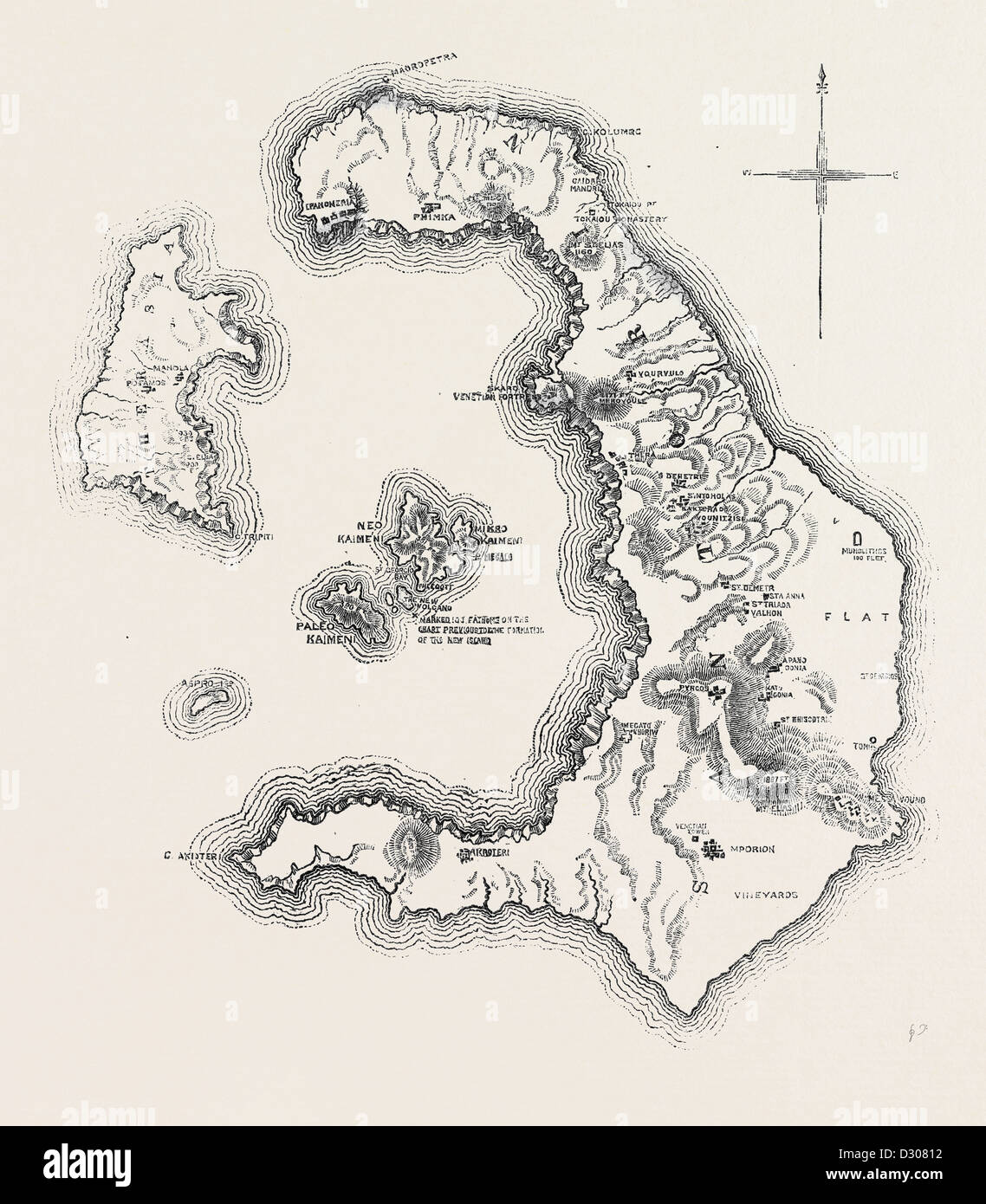 Mappa dell'isola e la baia di Santorin nell'arcipelago greco 1866 Foto Stock