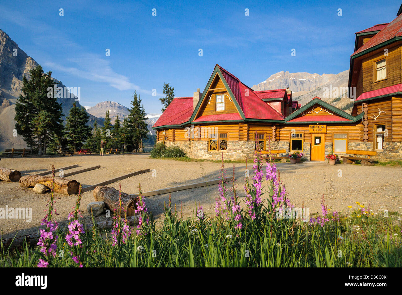 Num-ti- Jah Lodge, Bow Lake, il Parco Nazionale di Banff, Alberta, Canada Foto Stock