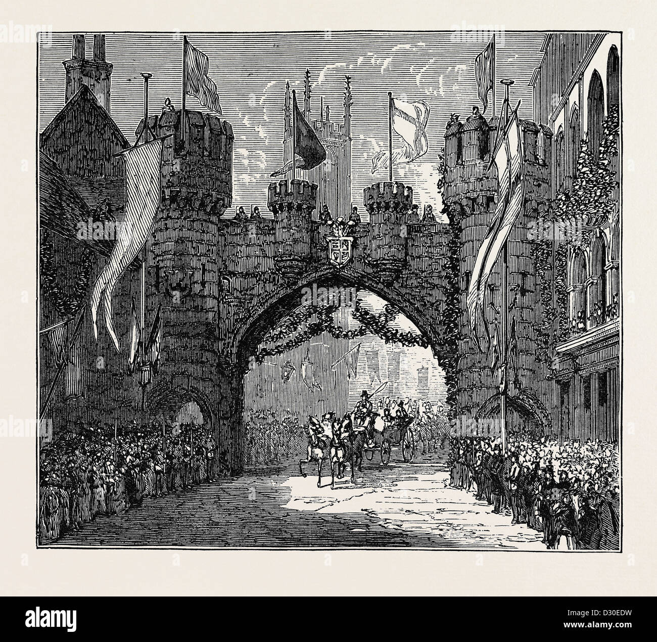 Il principe e la principessa di Galles a Chatsworth e Derby: arco trionfale a Derby Foto Stock