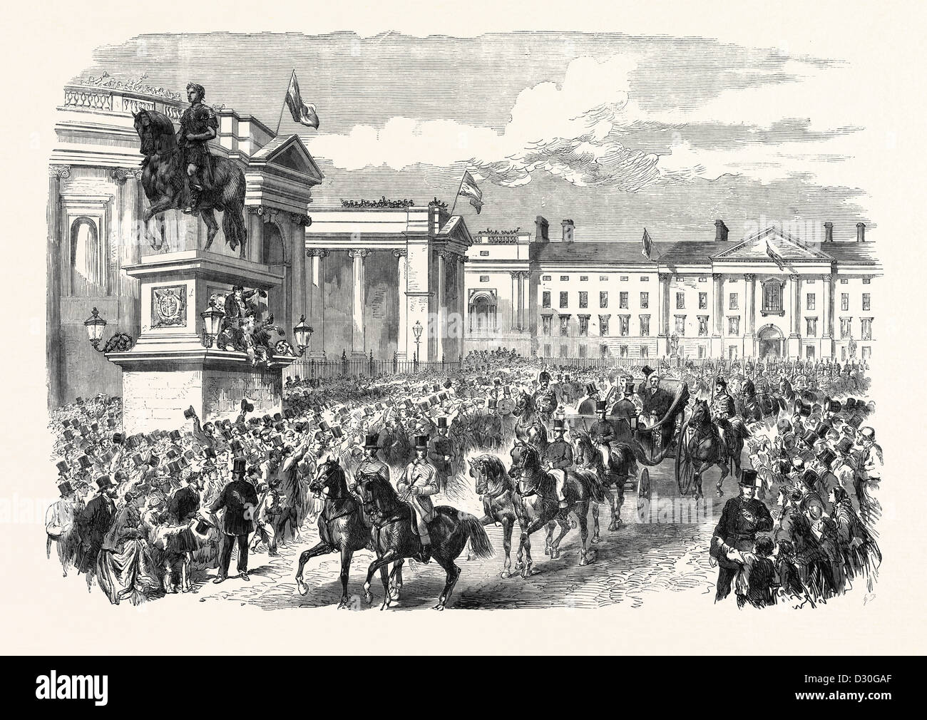 Visita del Principe e della principessa di Galles in Irlanda: il corteo reale passando COLLEGE GREEN Dublino 1868 Foto Stock