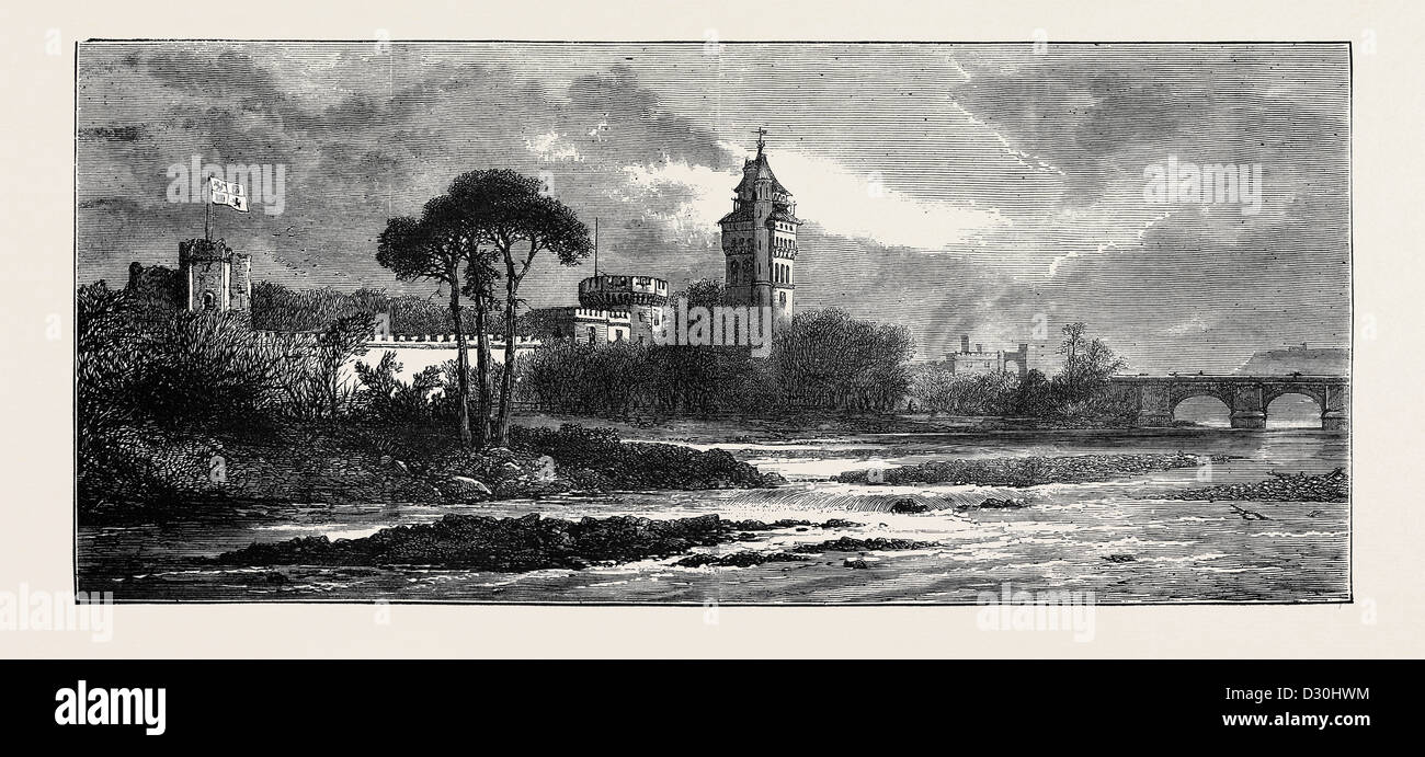 Il matrimonio del marchese di bute, schizzi a Cardiff: il Castello di Cardiff, la nuova torre, dal fiume Taff Foto Stock