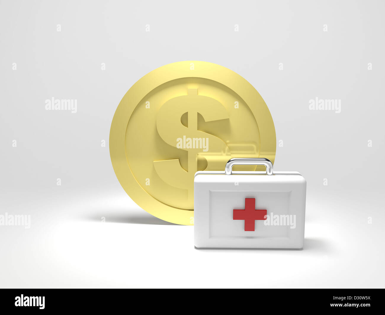 3D render illustrazione del dollaro in oro moneta con un kit di primo soccorso. Foto Stock