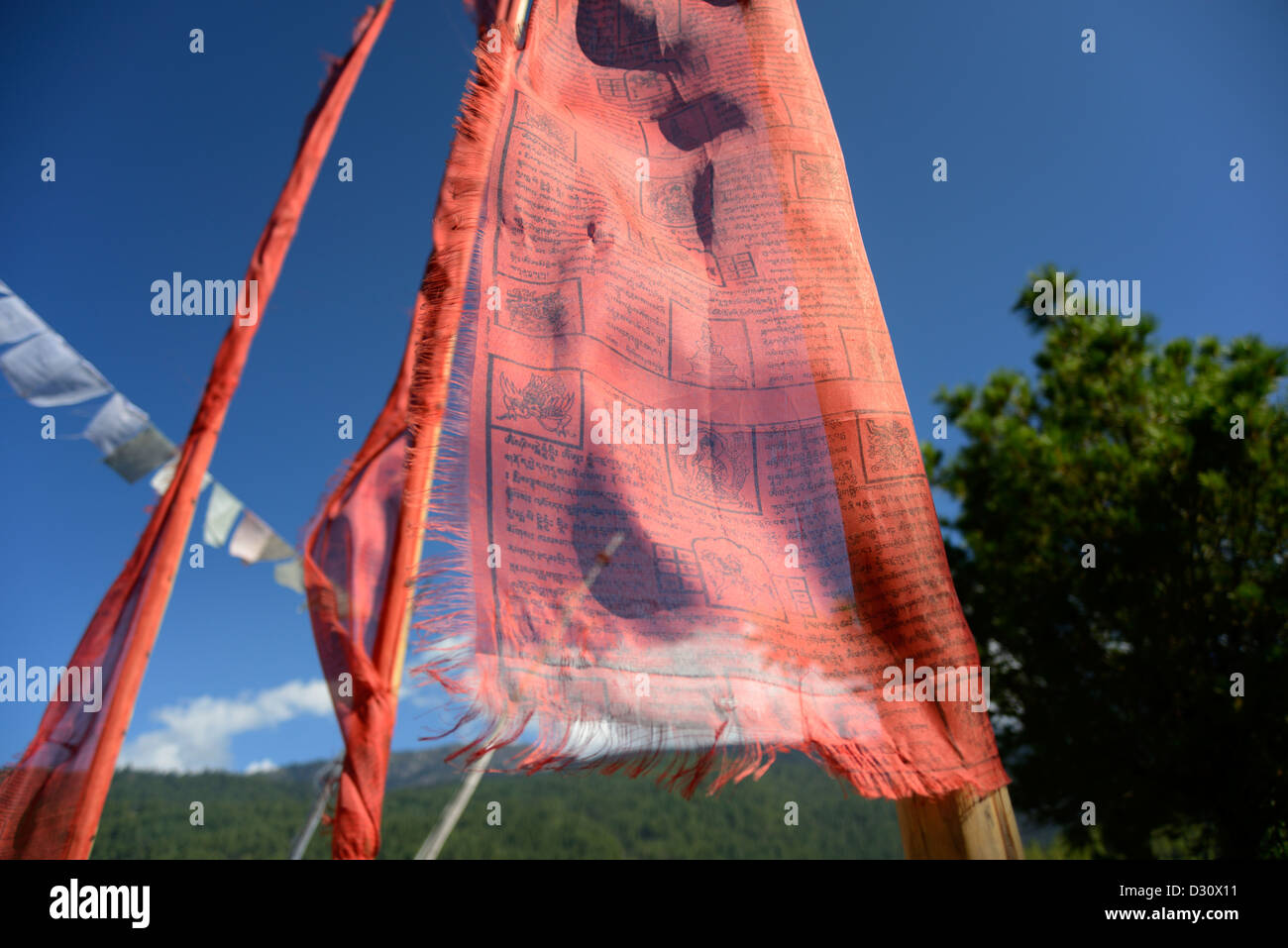 Bhutanesi bandiere di preghiera attraverso il paesaggio bhutanesi, close up dettaglio con stampa visibile. shot su ,36MPX,Hi-res Foto Stock