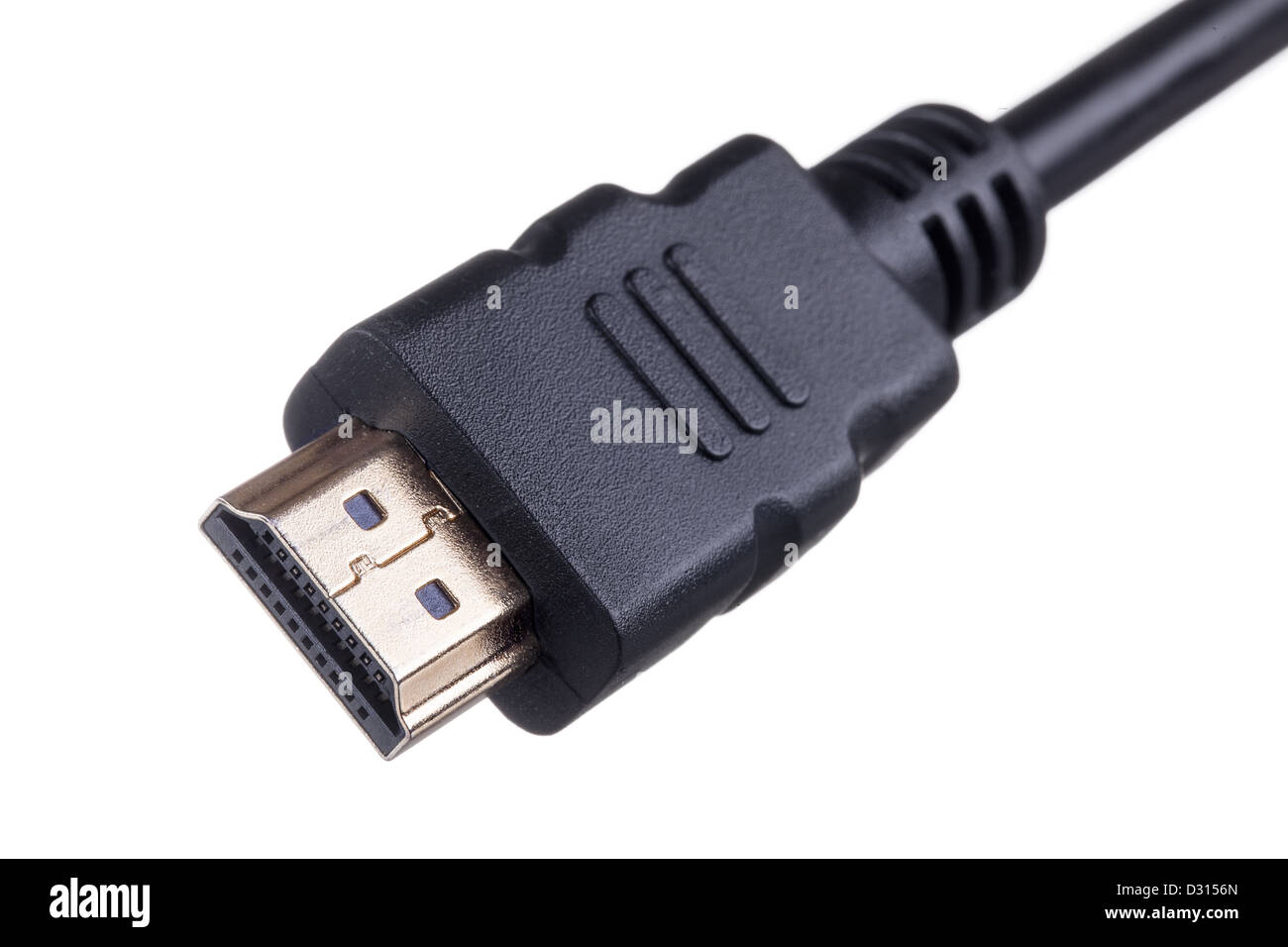 Ripresa macro di un dorato cavo HDMI isolati su sfondo bianco Foto Stock