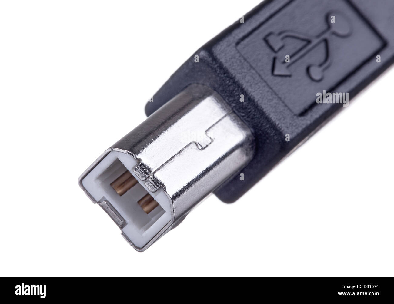 Connettore maschio USB B, macro shot su bianco con profondità di campo Foto Stock