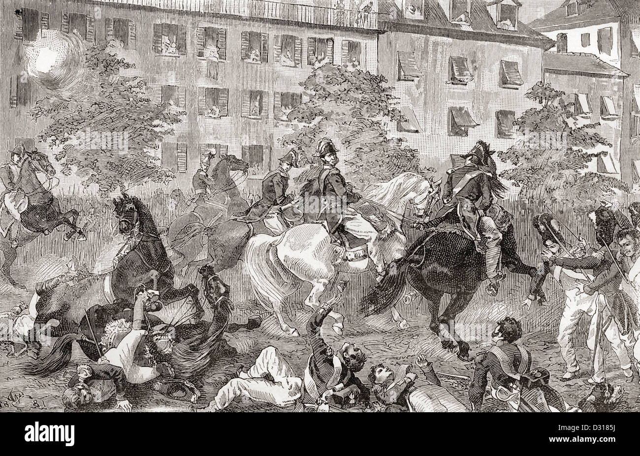 Il tentativo di assassinio del re Luigi Filippo i di Francia, Boulevard du Temple, Parigi, Francia nel 1835 Foto Stock