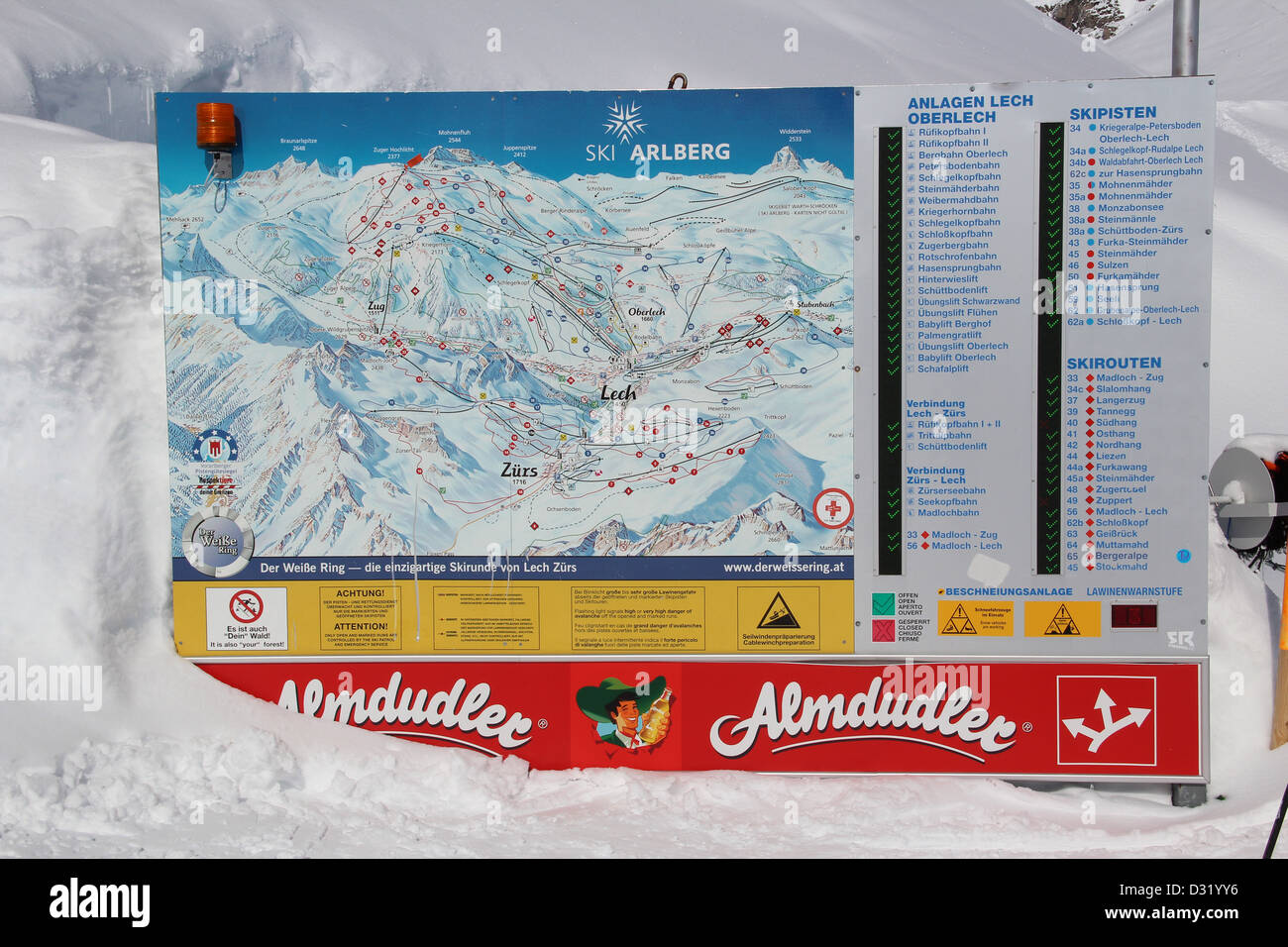 Ski Resort, Ski Arlberg Ski map a Lech in Austria. Foto Stock